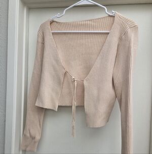 Ribbed Tie-Front Crop Cardigan - Cream
